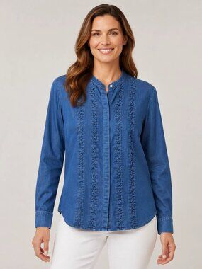 Talbots Shirt Women's L Blue Chambray Pintuck Button Up Long Sleeve Boho Coastal
